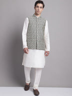 Jompers Men's Black and Silver Woven Design Nehru Jacket | Grocsy
