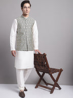 Jompers Men's Black and Silver Woven Design Nehru Jacket | Grocsy