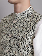 Jompers Men's Black and Silver Woven Design Nehru Jacket | Grocsy