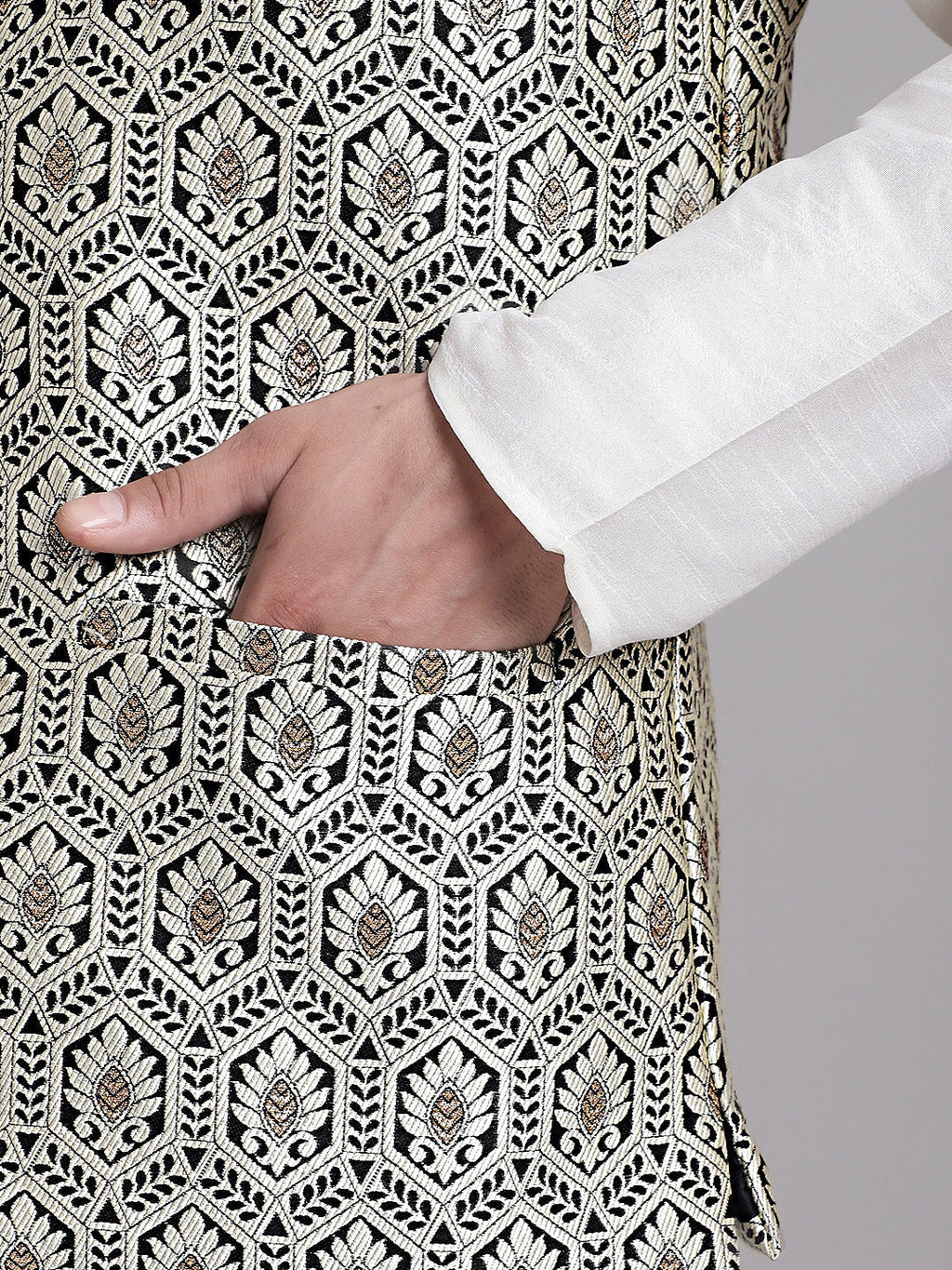 Jompers Men's Black and Silver Woven Design Nehru Jacket | Grocsy