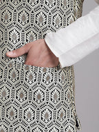 Jompers Men's Black and Silver Woven Design Nehru Jacket | Grocsy