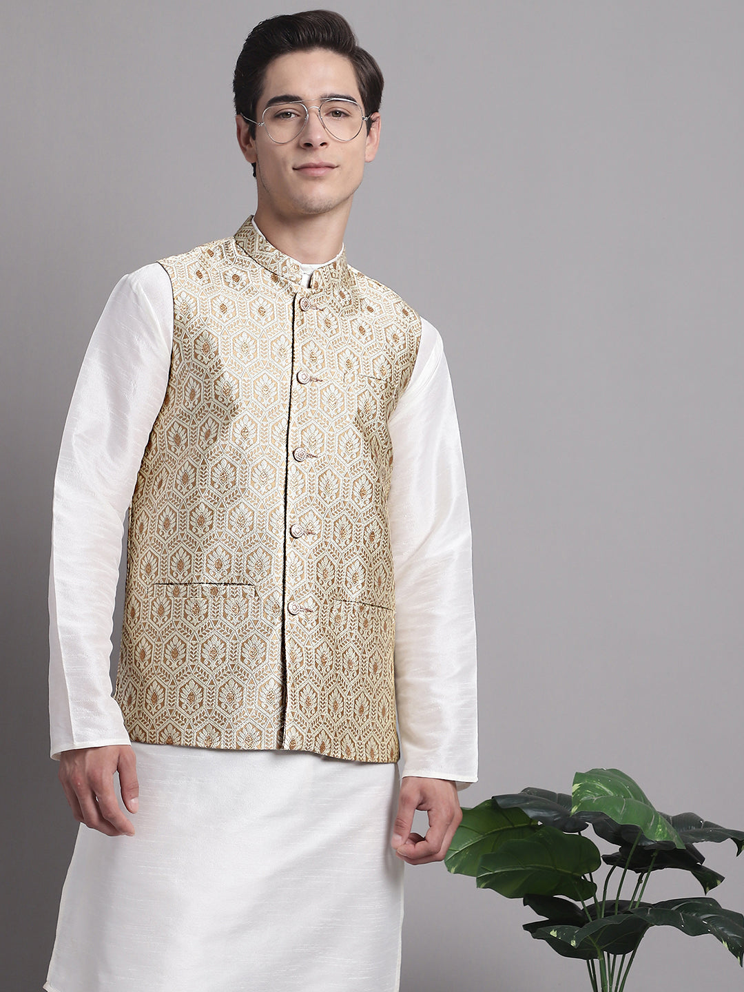 Jompers Men's Cream Woven Design Nehru Jacket | Grocsy