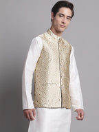 Jompers Men's Cream Woven Design Nehru Jacket | Grocsy
