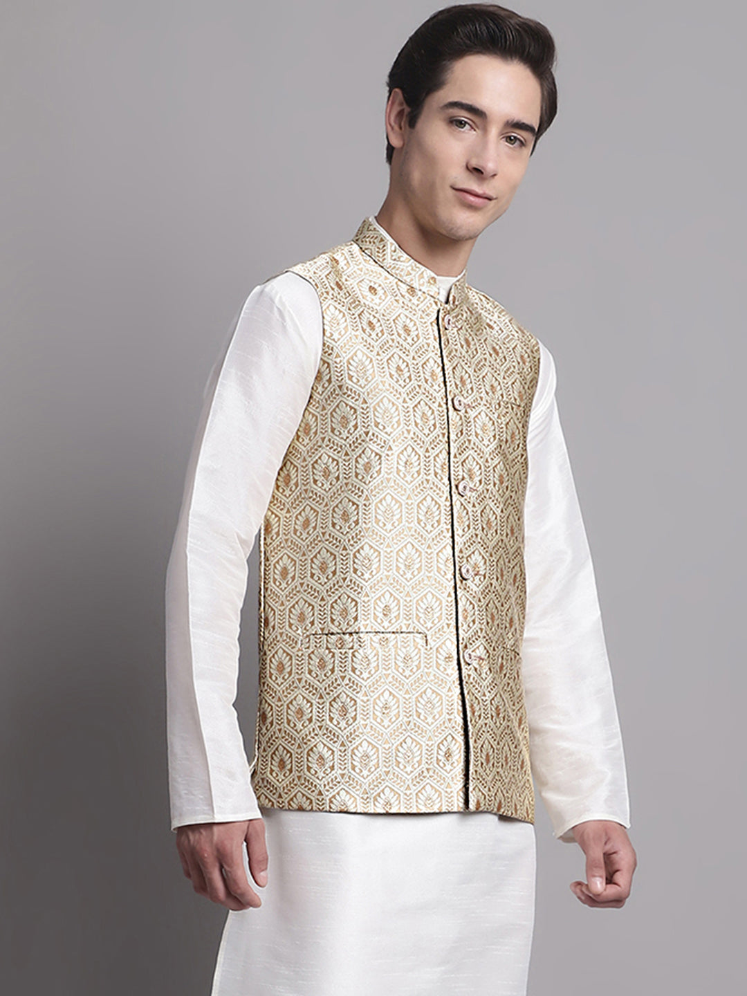 Jompers Men's Cream Woven Design Nehru Jacket | Grocsy