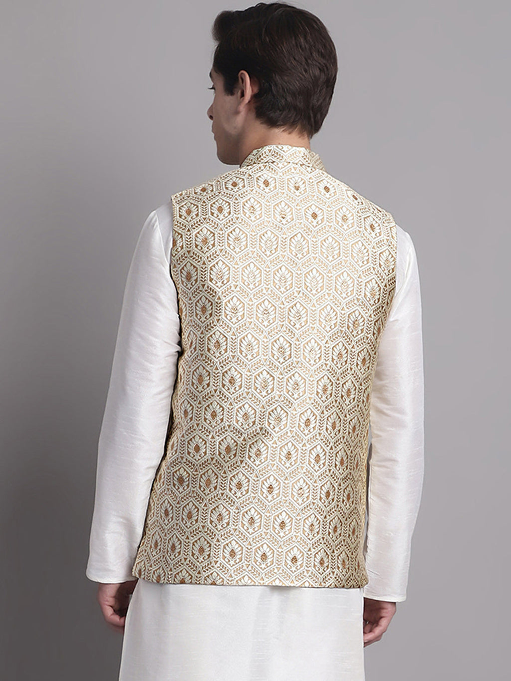 Jompers Men's Cream Woven Design Nehru Jacket | Grocsy