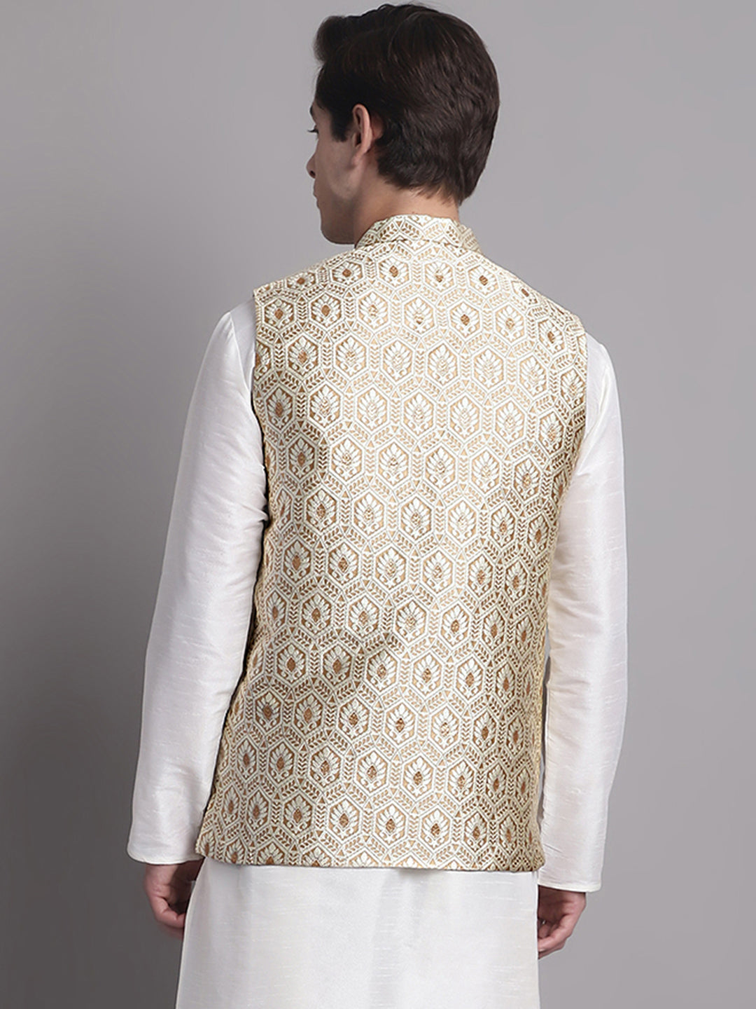 Jompers Men's Cream Woven Design Nehru Jacket | Grocsy