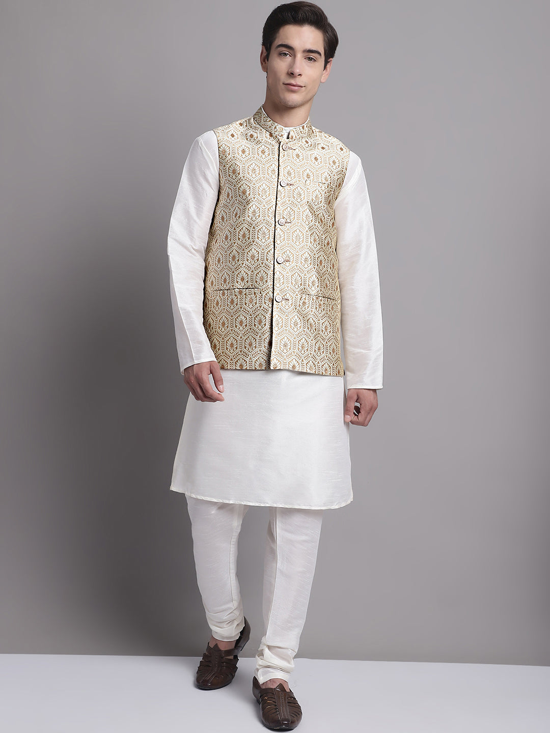 Jompers Men's Cream Woven Design Nehru Jacket | Grocsy