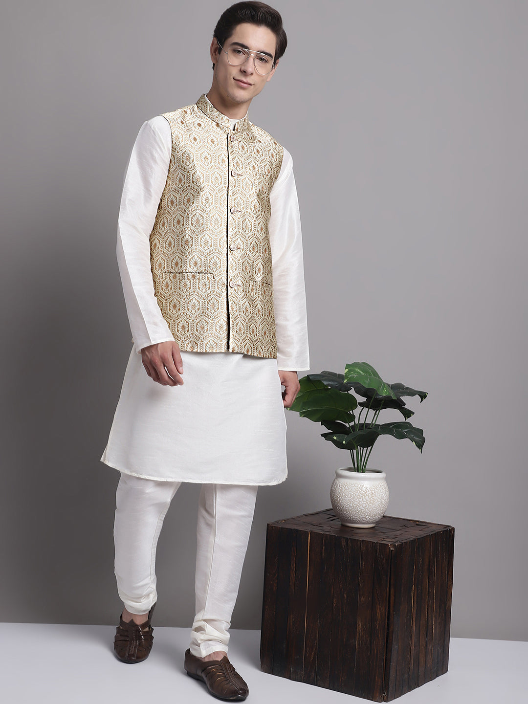 Jompers Men's Cream Woven Design Nehru Jacket | Grocsy