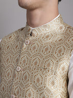 Jompers Men's Cream Woven Design Nehru Jacket | Grocsy