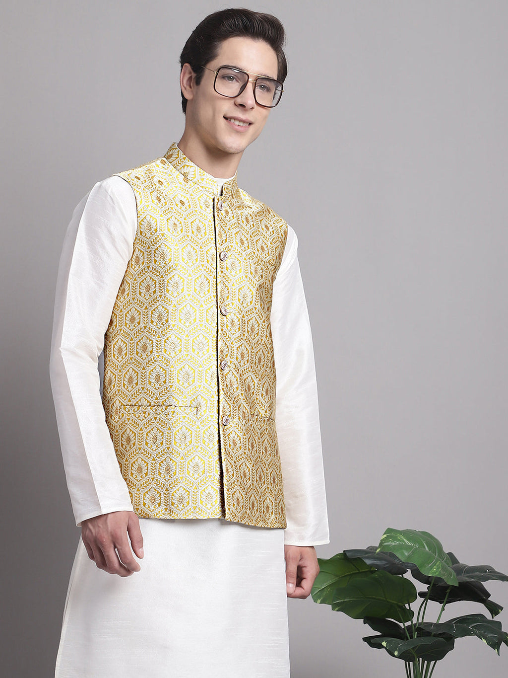 Jompers Men's Golden Woven Design Nehru Jacket | Grocsy