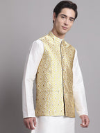 Jompers Men's Golden Woven Design Nehru Jacket | Grocsy
