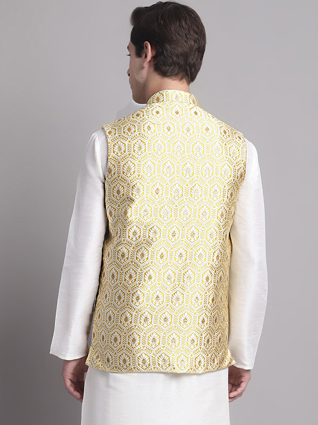 Jompers Men's Golden Woven Design Nehru Jacket | Grocsy