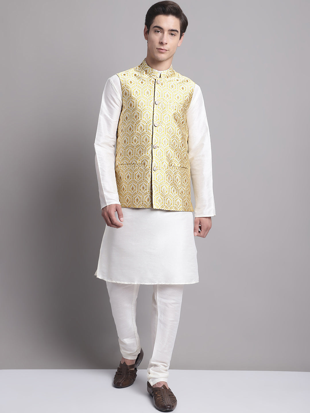 Jompers Men's Golden Woven Design Nehru Jacket | Grocsy