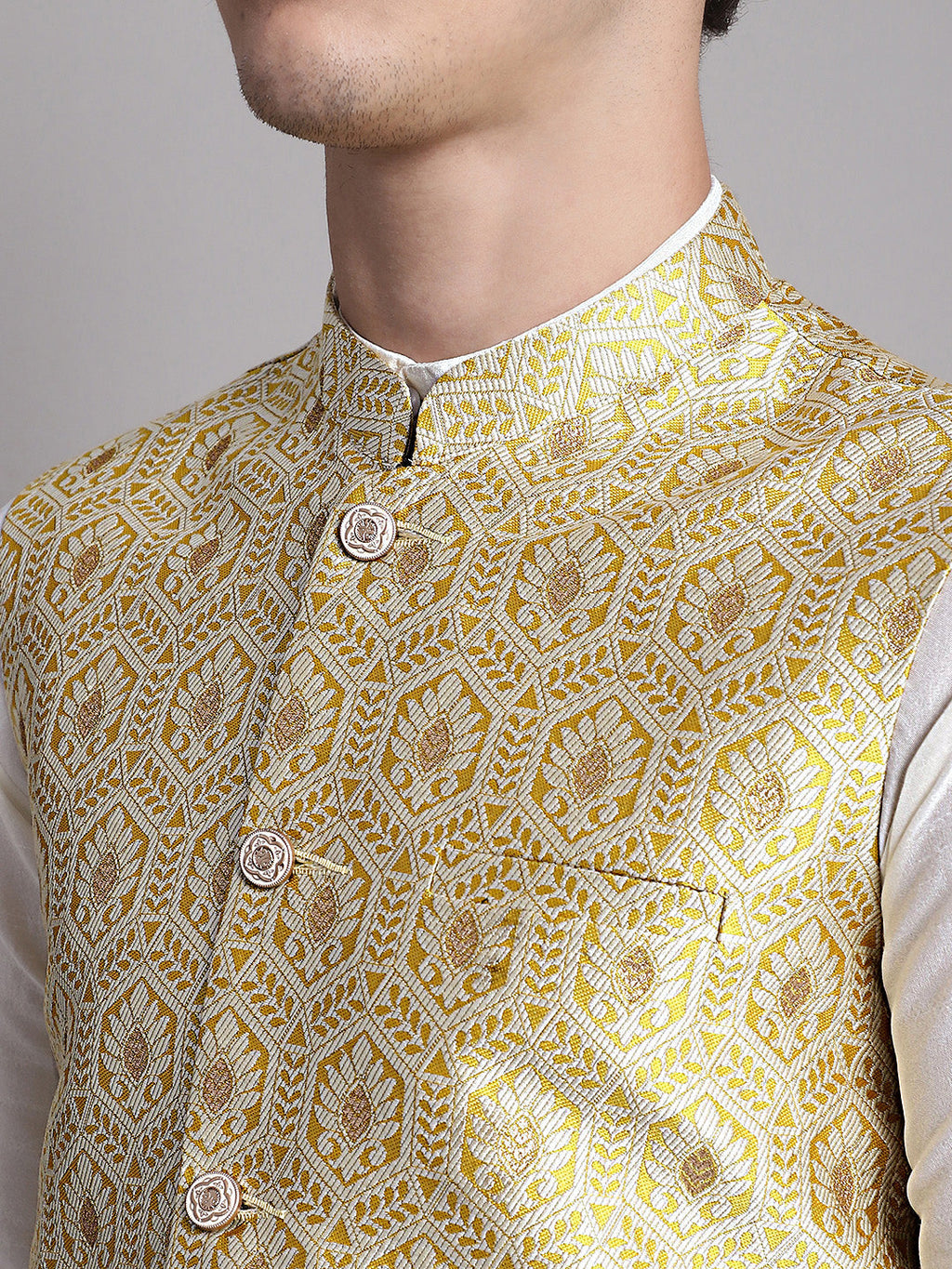 Jompers Men's Golden Woven Design Nehru Jacket | Grocsy