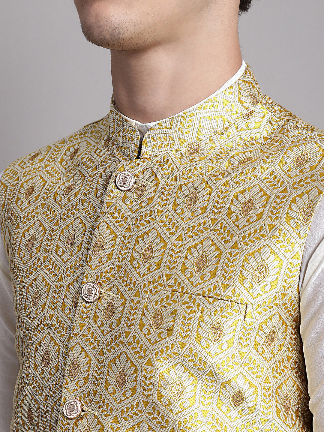 Jompers Men's Golden Woven Design Nehru Jacket | Grocsy