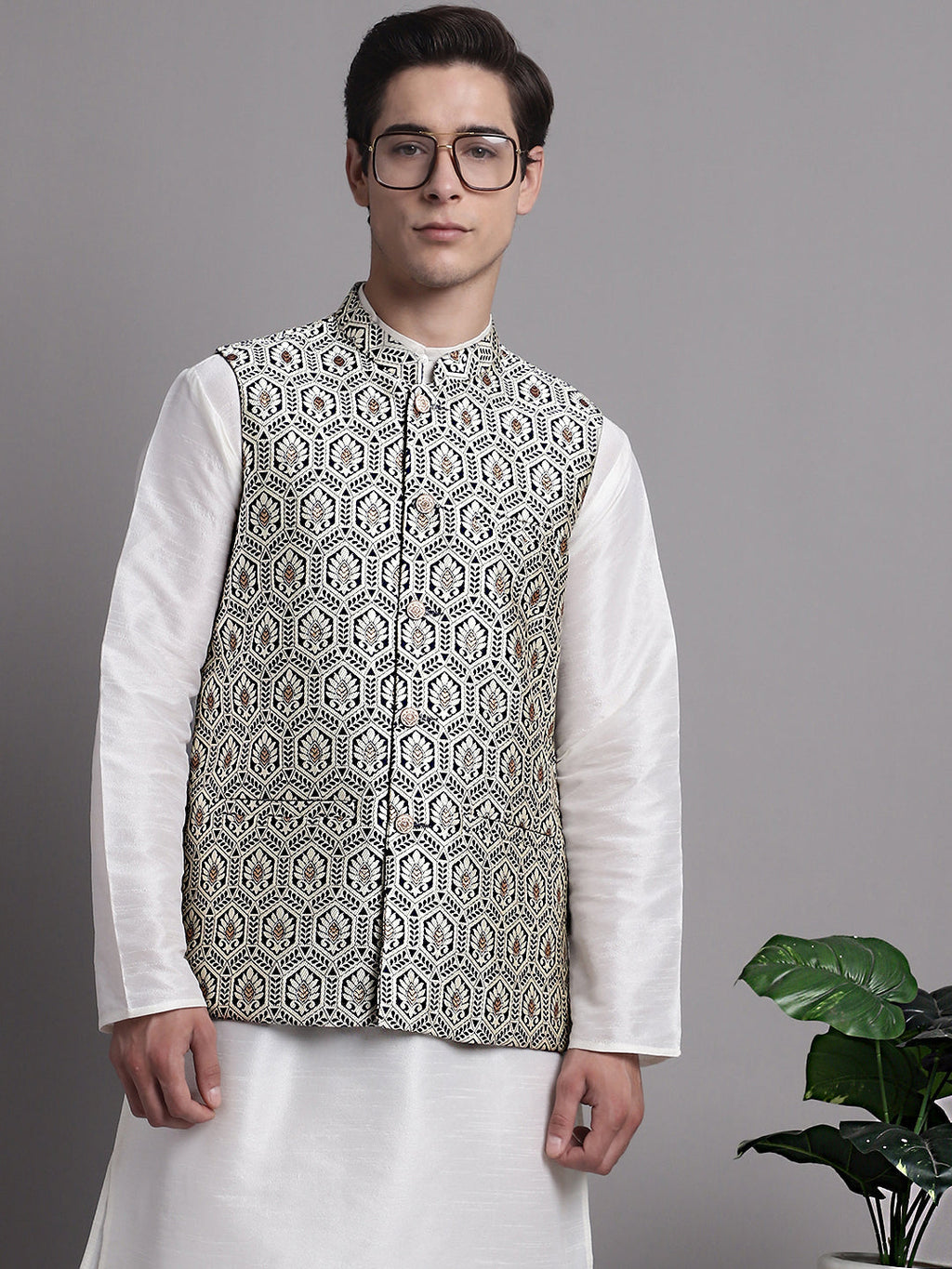 Jompers Men's Navy Blue and Silver Woven Design Nehru Jacket | Grocsy