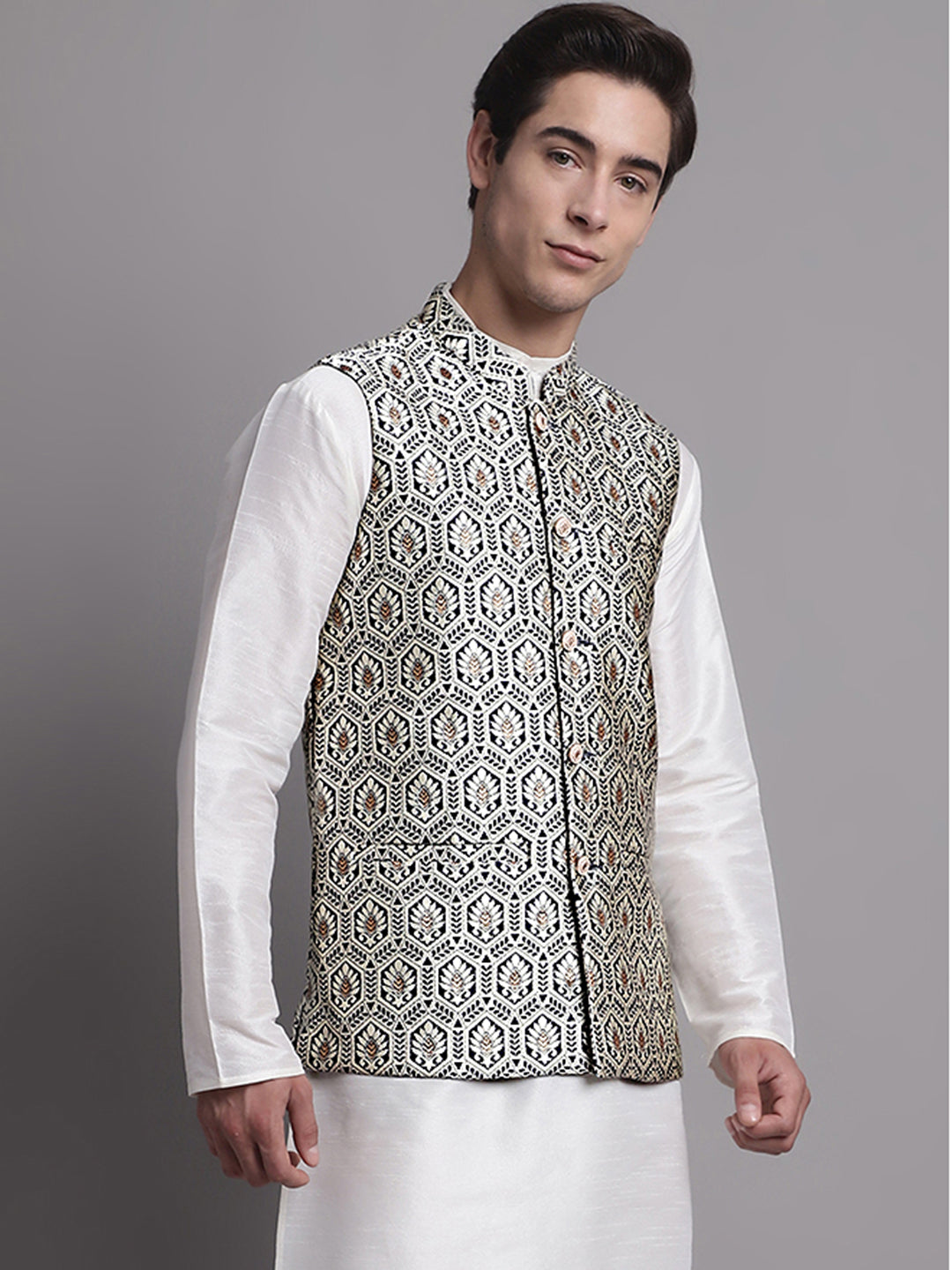 Jompers Men's Navy Blue and Silver Woven Design Nehru Jacket | Grocsy