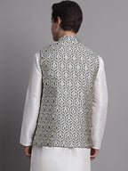 Jompers Men's Navy Blue and Silver Woven Design Nehru Jacket | Grocsy