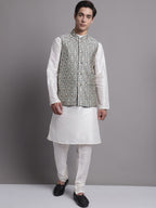 Jompers Men's Navy Blue and Silver Woven Design Nehru Jacket | Grocsy
