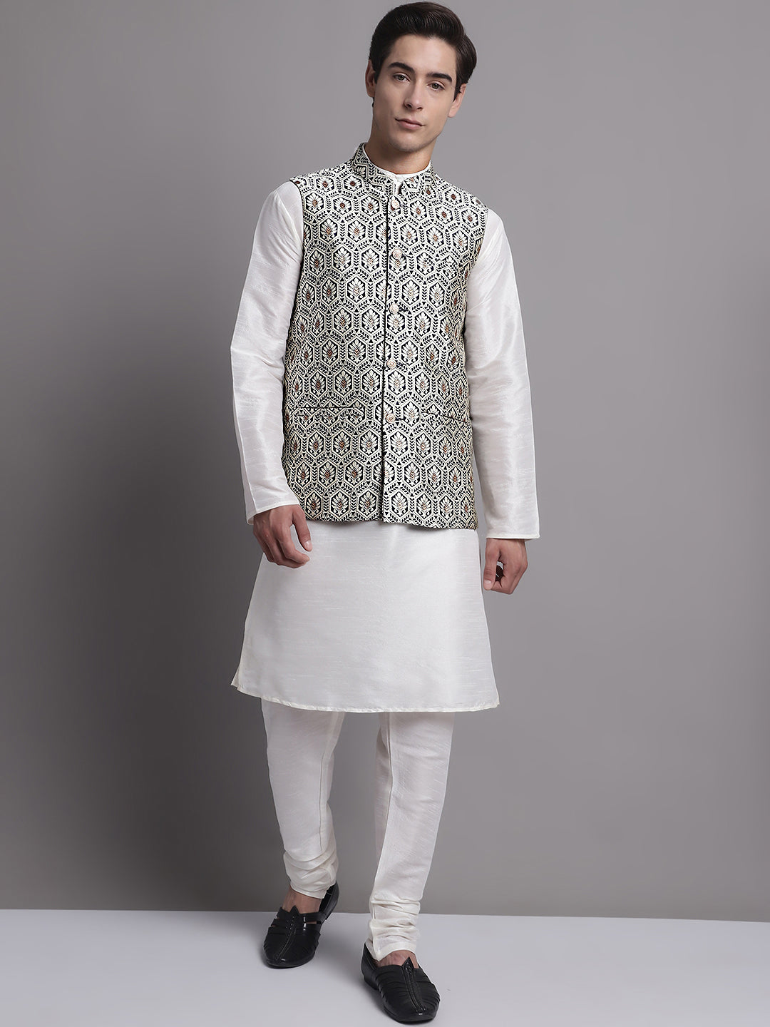 Jompers Men's Navy Blue and Silver Woven Design Nehru Jacket | Grocsy