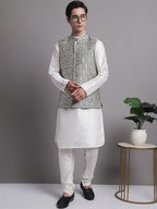 Jompers Men's Navy Blue and Silver Woven Design Nehru Jacket | Grocsy
