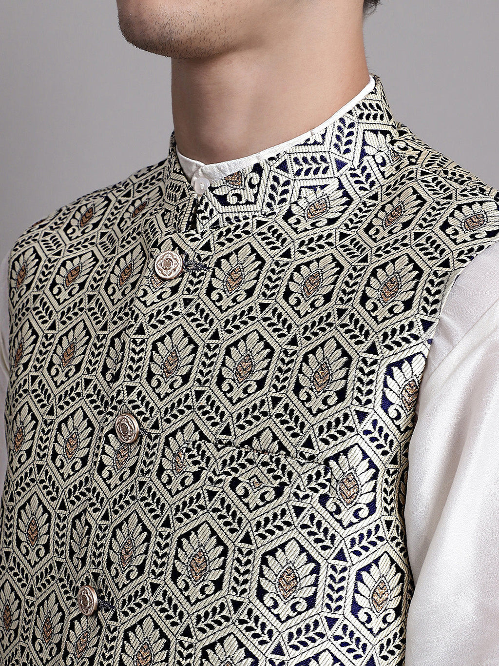 Jompers Men's Navy Blue and Silver Woven Design Nehru Jacket | Grocsy