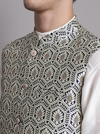 Jompers Men's Navy Blue and Silver Woven Design Nehru Jacket | Grocsy