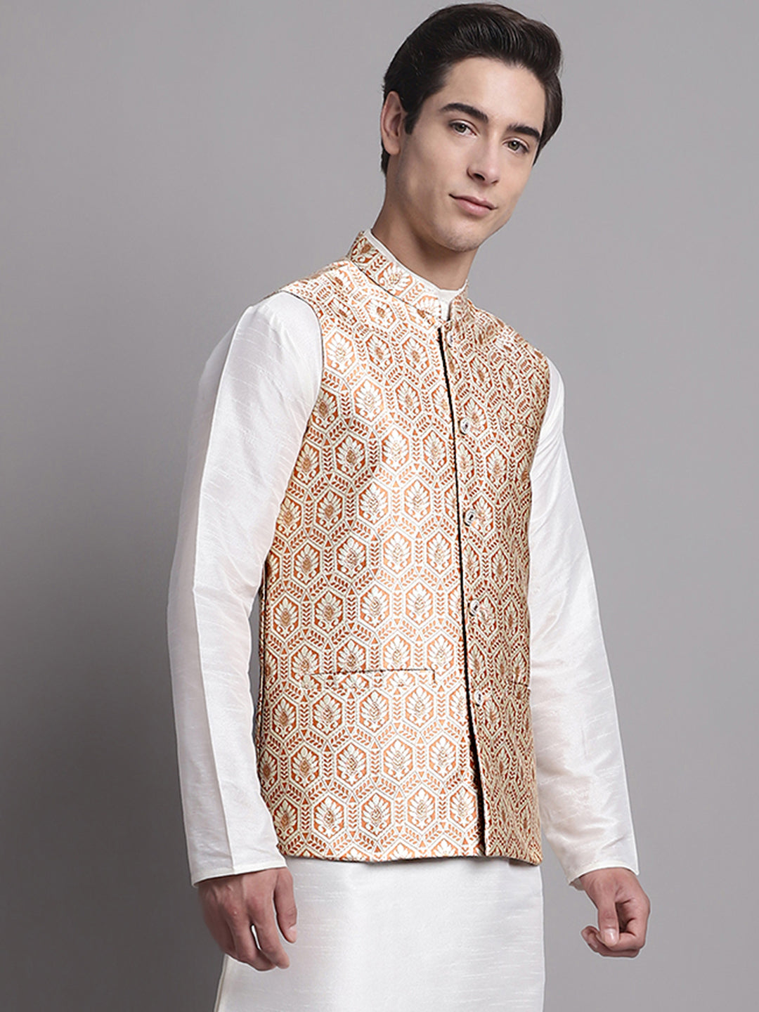 Jompers Men's Peach and Golden Woven Design Nehru Jacket | Grocsy