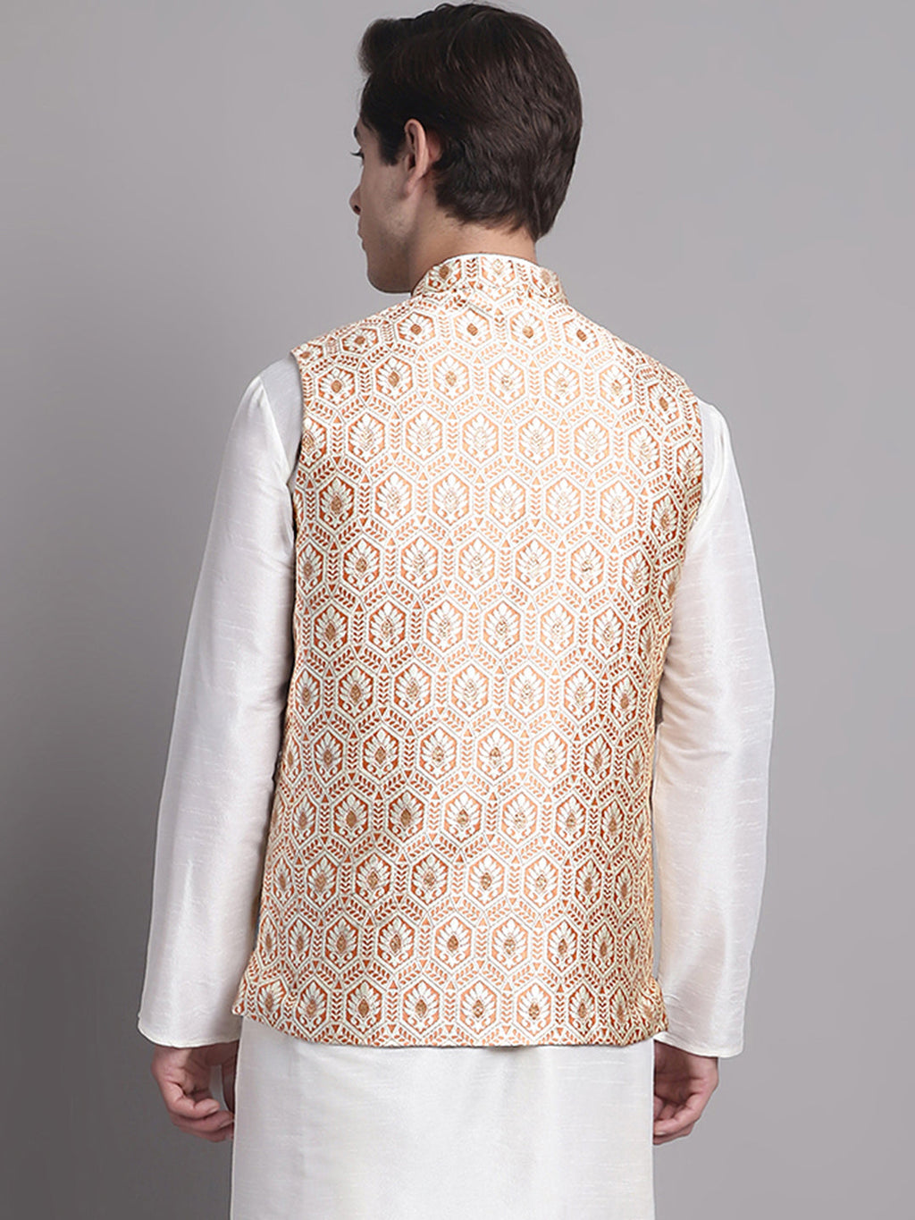 Jompers Men's Peach and Golden Woven Design Nehru Jacket | Grocsy