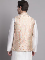 Jompers Men's Peach and Golden Woven Design Nehru Jacket | Grocsy