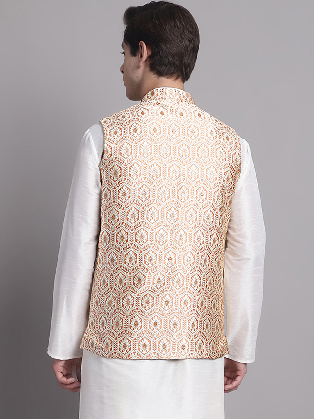 Jompers Men's Peach and Golden Woven Design Nehru Jacket | Grocsy