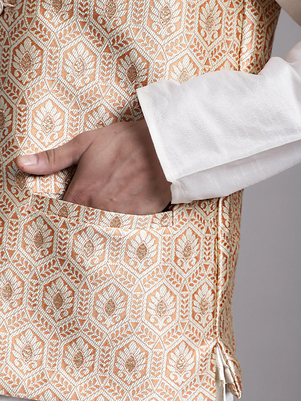 Jompers Men's Peach and Golden Woven Design Nehru Jacket | Grocsy
