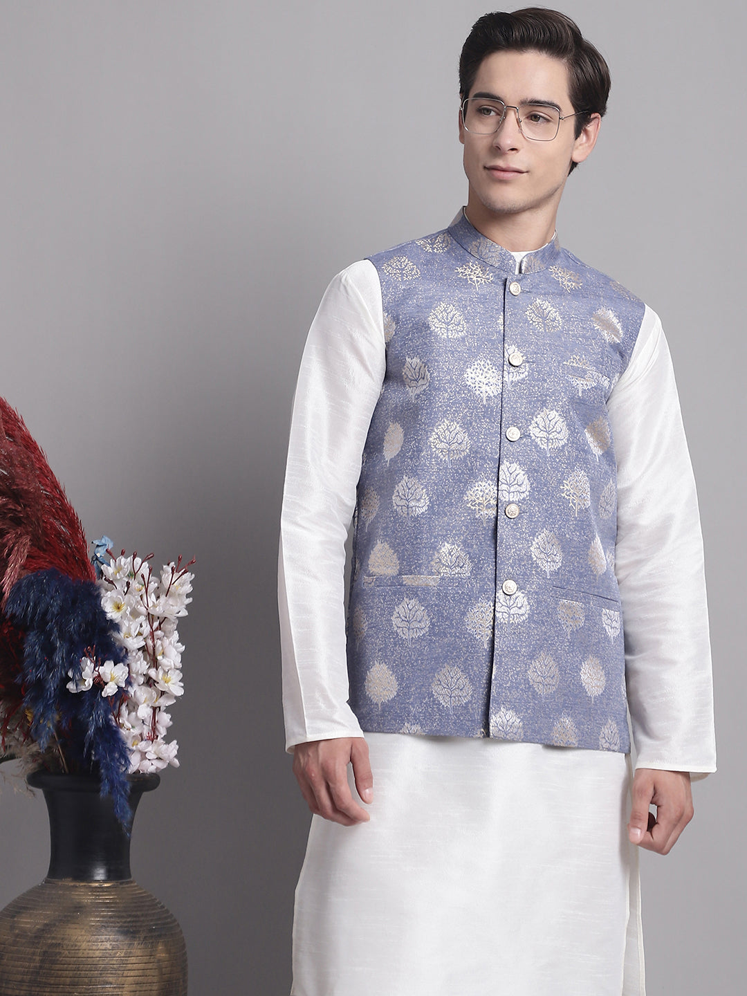 Jompers Men's Blue and Golden Printed Nehru Jacket | Grocsy