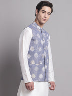Jompers Men's Blue and Golden Printed Nehru Jacket | Grocsy