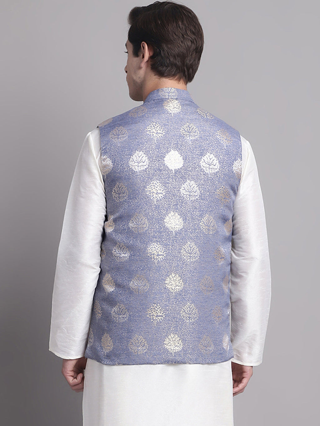 Jompers Men's Blue and Golden Printed Nehru Jacket | Grocsy