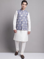 Jompers Men's Blue and Golden Printed Nehru Jacket | Grocsy
