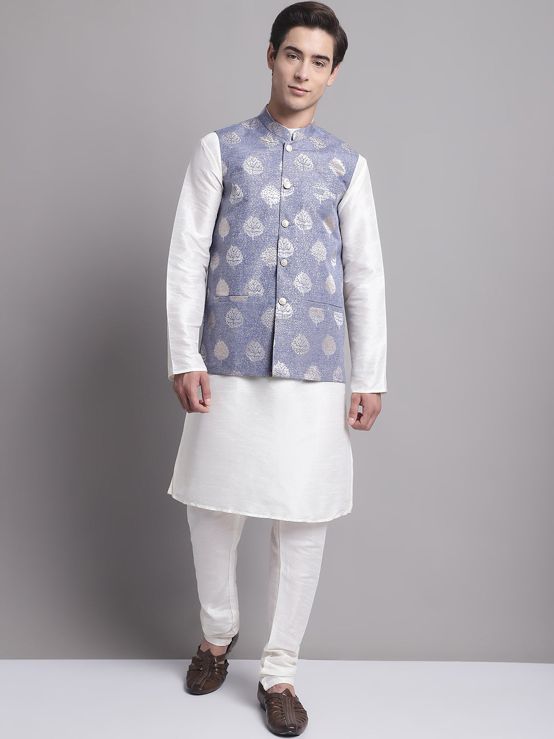 Jompers Men's Blue and Golden Printed Nehru Jacket | Grocsy