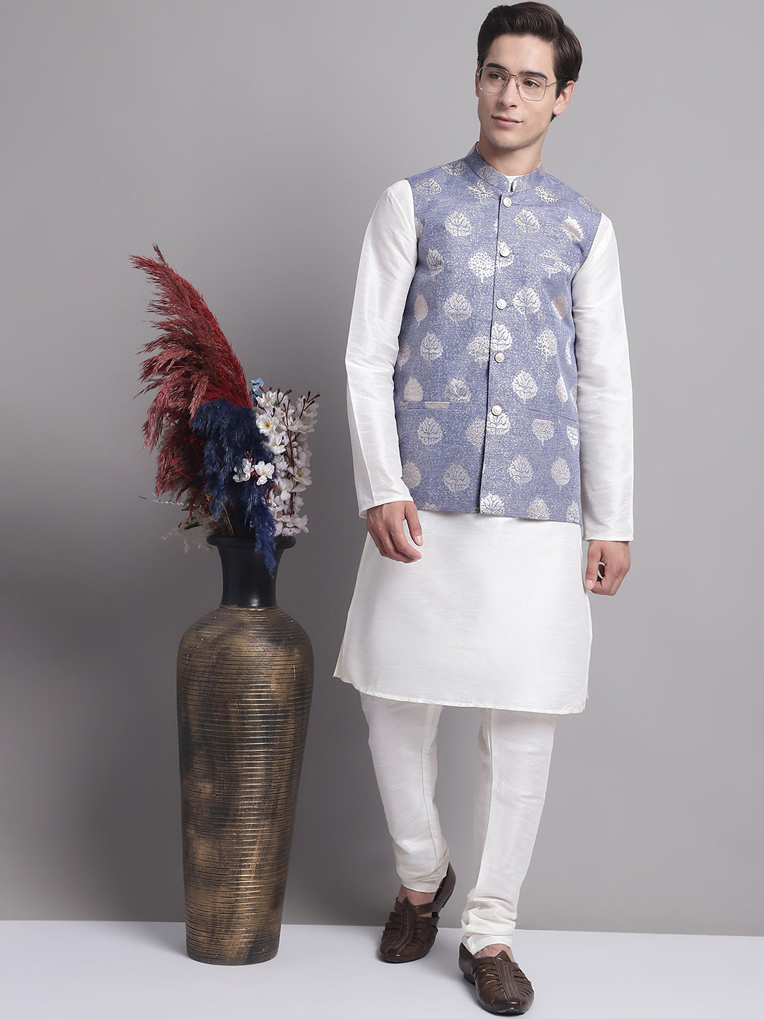 Jompers Men's Blue and Golden Printed Nehru Jacket | Grocsy
