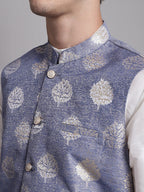 Jompers Men's Blue and Golden Printed Nehru Jacket | Grocsy
