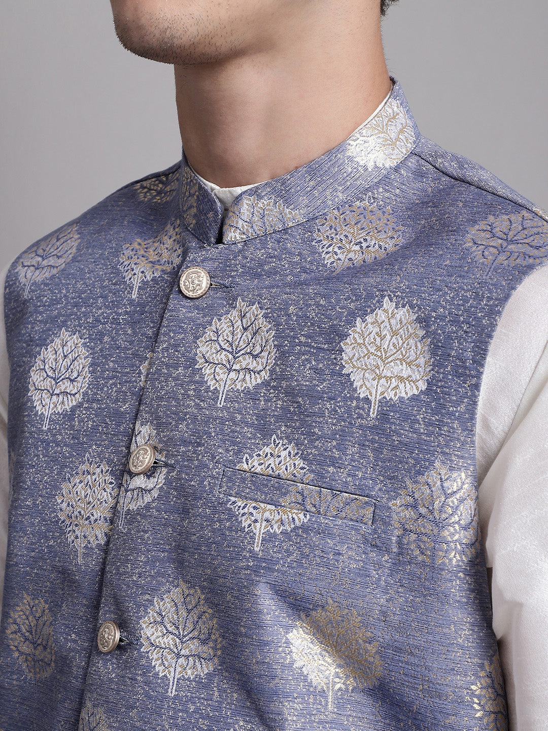 Jompers Men's Blue and Golden Printed Nehru Jacket | Grocsy