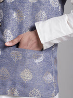 Jompers Men's Blue and Golden Printed Nehru Jacket | Grocsy