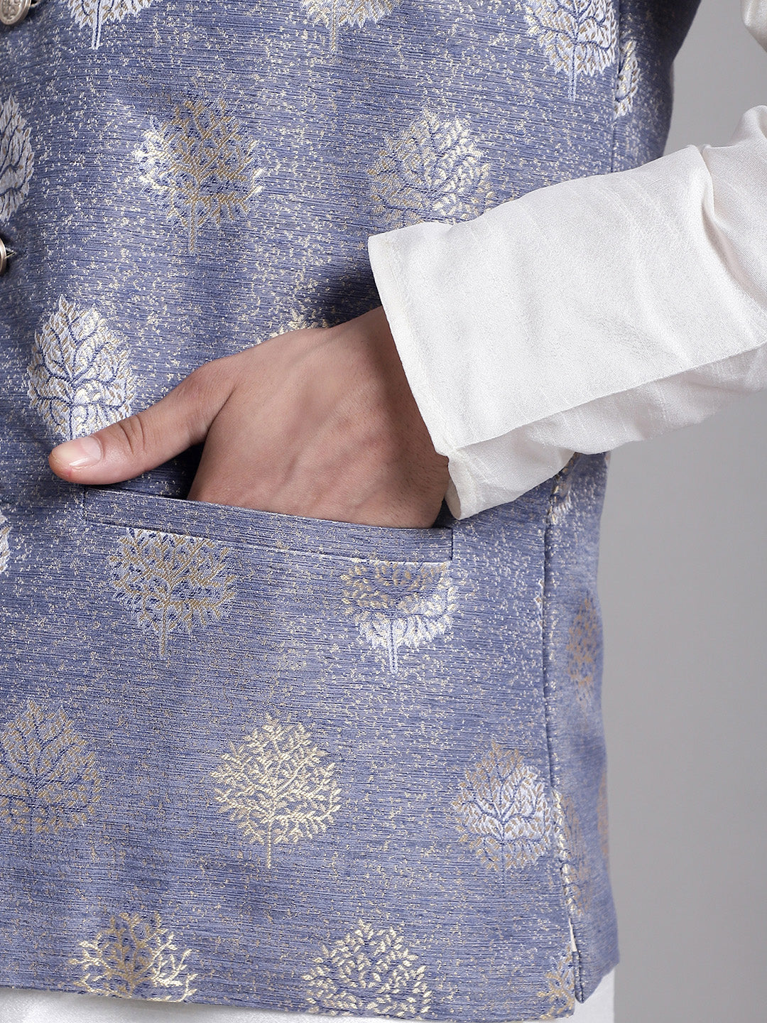 Jompers Men's Blue and Golden Printed Nehru Jacket | Grocsy