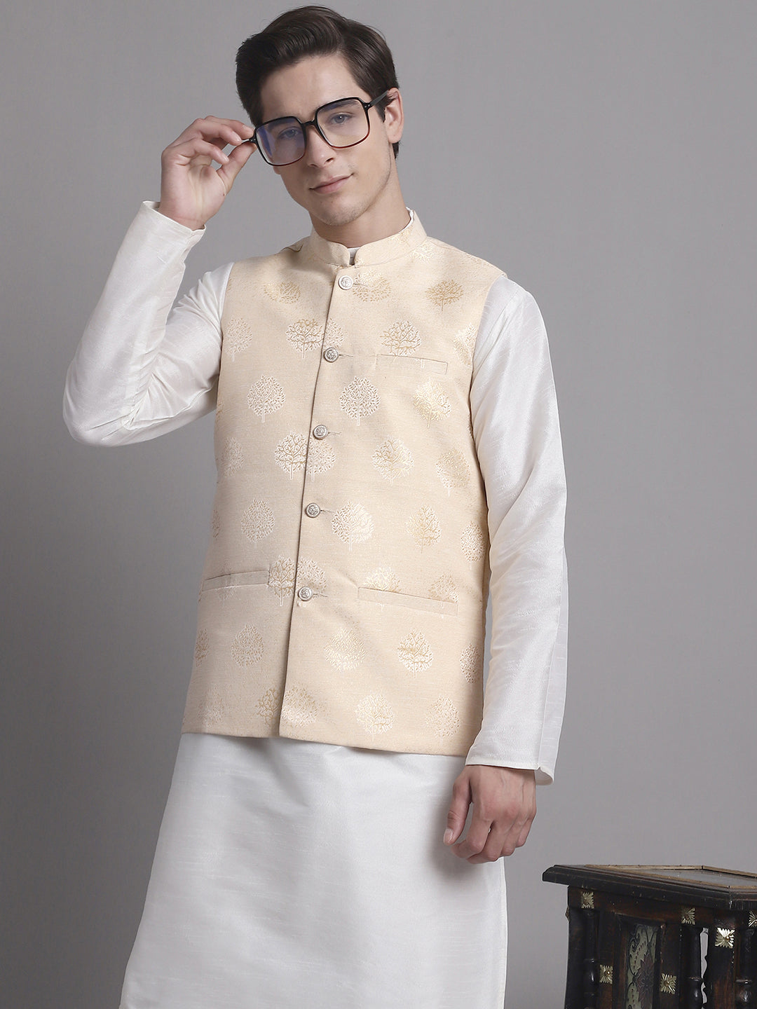 Jompers Men's Cream and Golden Printed Nehru Jacket | Grocsy