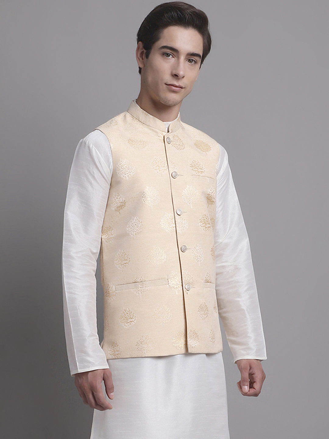 Jompers Men's Cream and Golden Printed Nehru Jacket | Grocsy