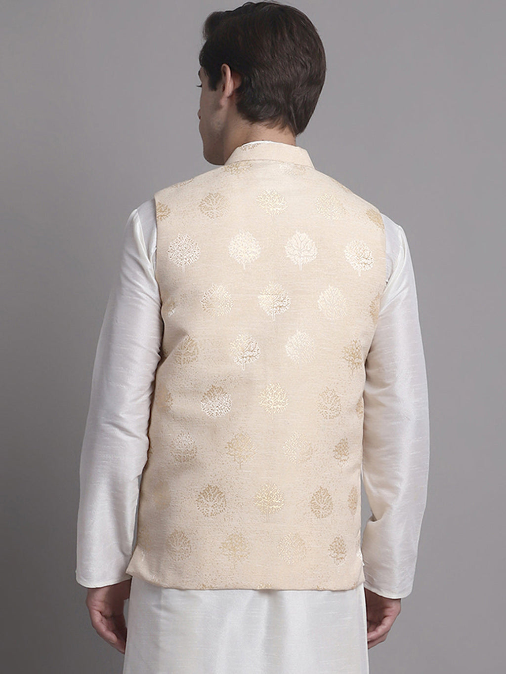 Jompers Men's Cream and Golden Printed Nehru Jacket | Grocsy