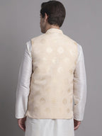 Jompers Men's Cream and Golden Printed Nehru Jacket | Grocsy