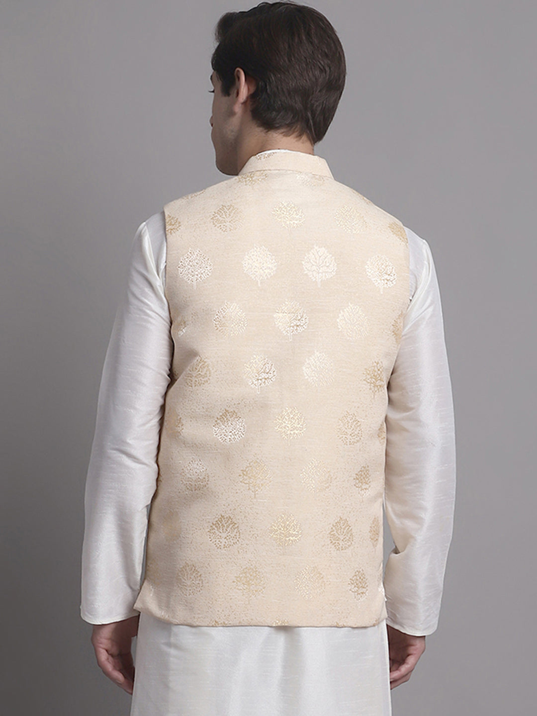 Jompers Men's Cream and Golden Printed Nehru Jacket | Grocsy