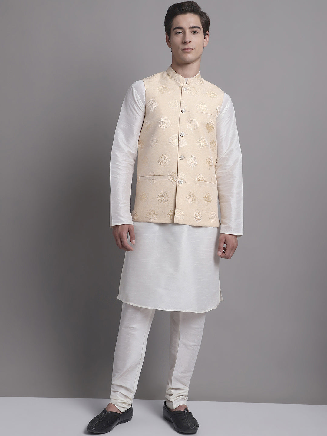 Jompers Men's Cream and Golden Printed Nehru Jacket | Grocsy