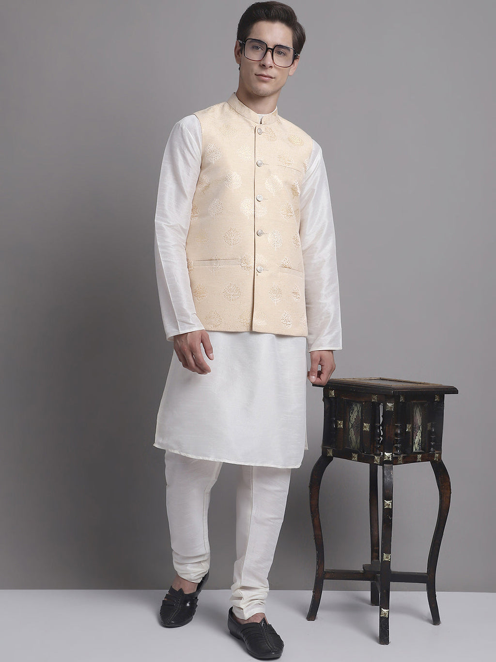 Jompers Men's Cream and Golden Printed Nehru Jacket | Grocsy