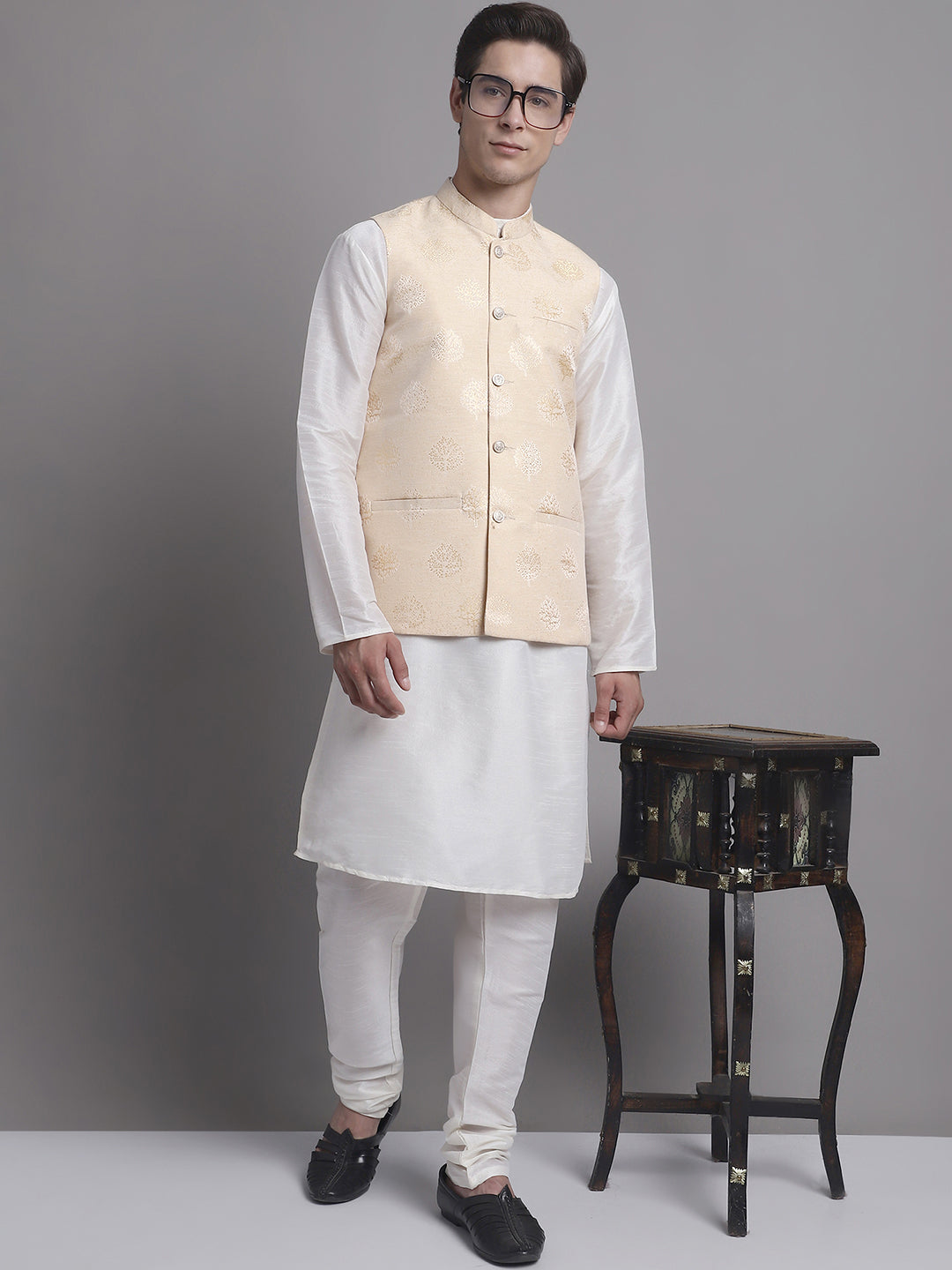 Jompers Men's Cream and Golden Printed Nehru Jacket | Grocsy